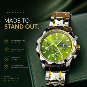 BINBOND Premium Green Dial Men's Quartz Watch – Stainless Steel Strap